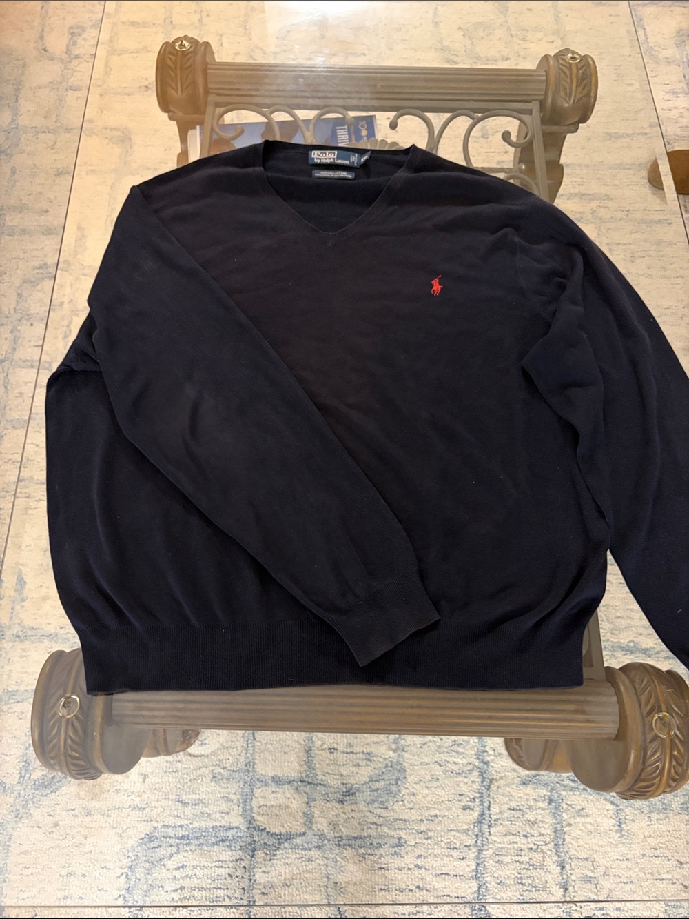 Ralph Lauren Navy V-Neck Sweater with Red Pony